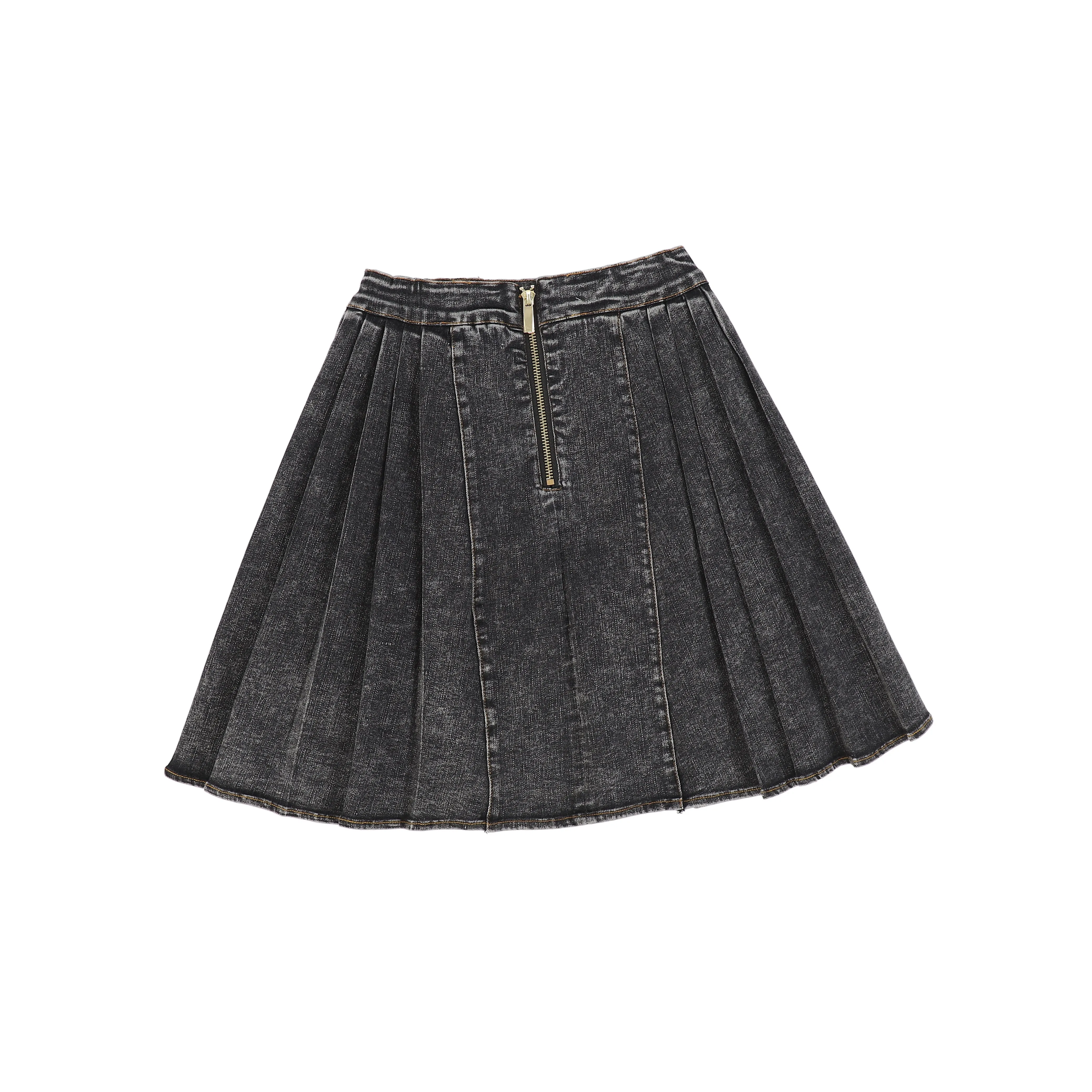 Chic Black Pleated Denim Skirt with Double-Button Detail from BACE Collection