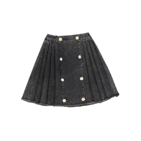 Chic Black Pleated Denim Skirt with Double-Button Detail from BACE Collection