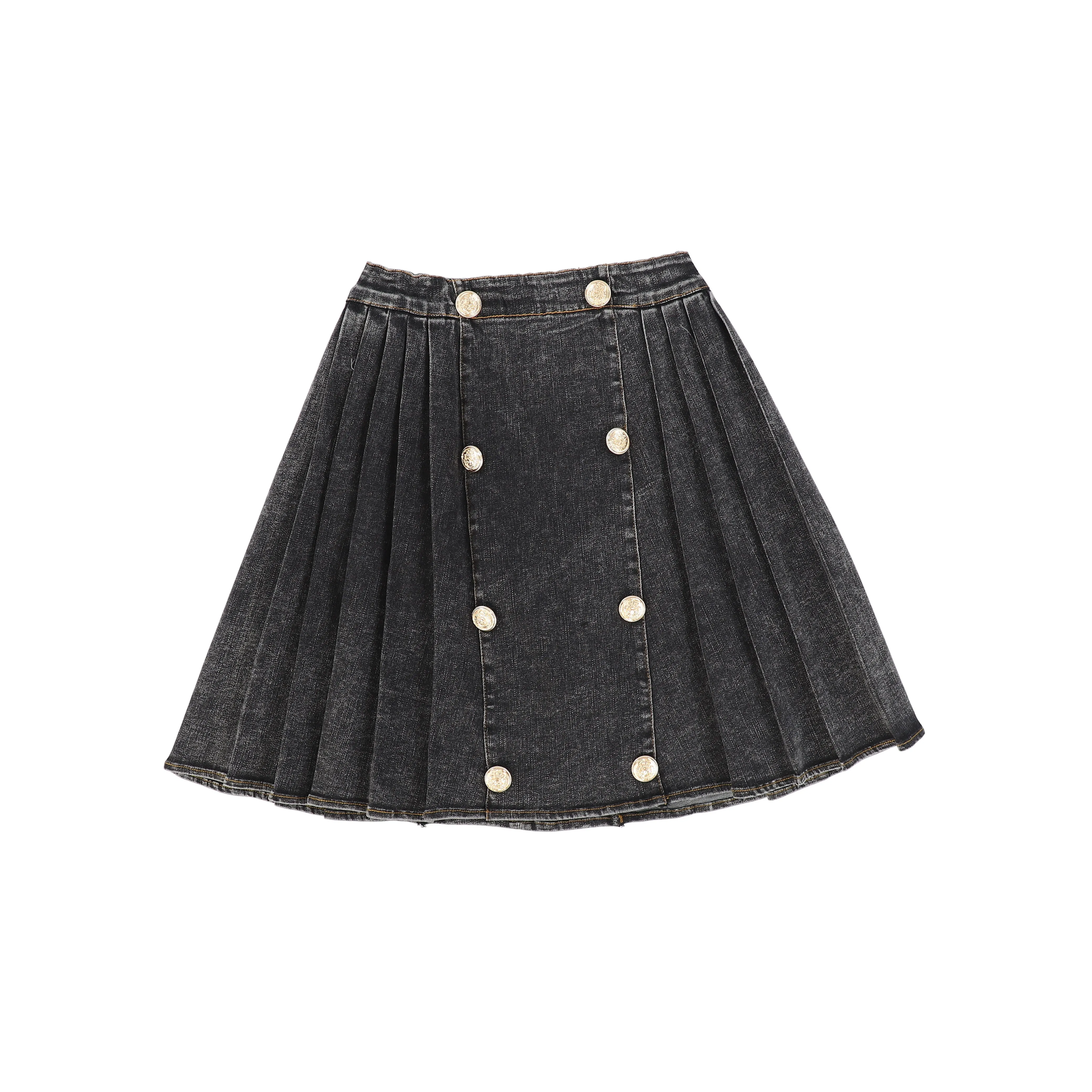 Chic Black Pleated Denim Skirt with Double-Button Detail from BACE Collection