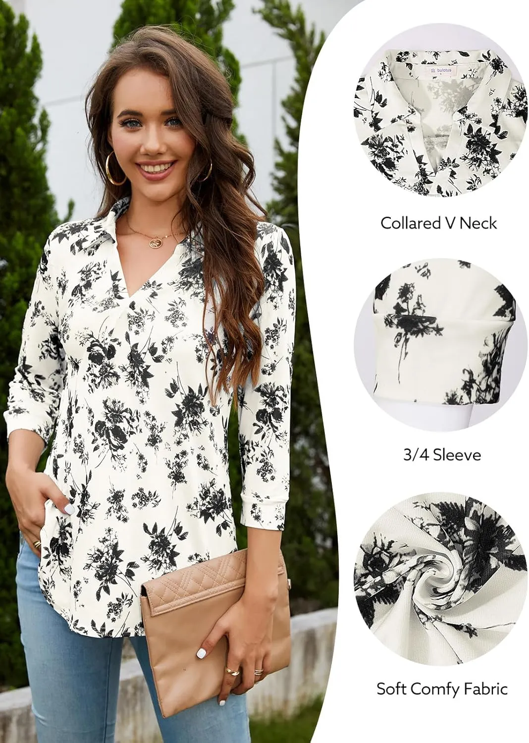 Bulotus Women's 3/4 Sleeve Tunic Shirts Business Casual Blouses V Neck Work Tops