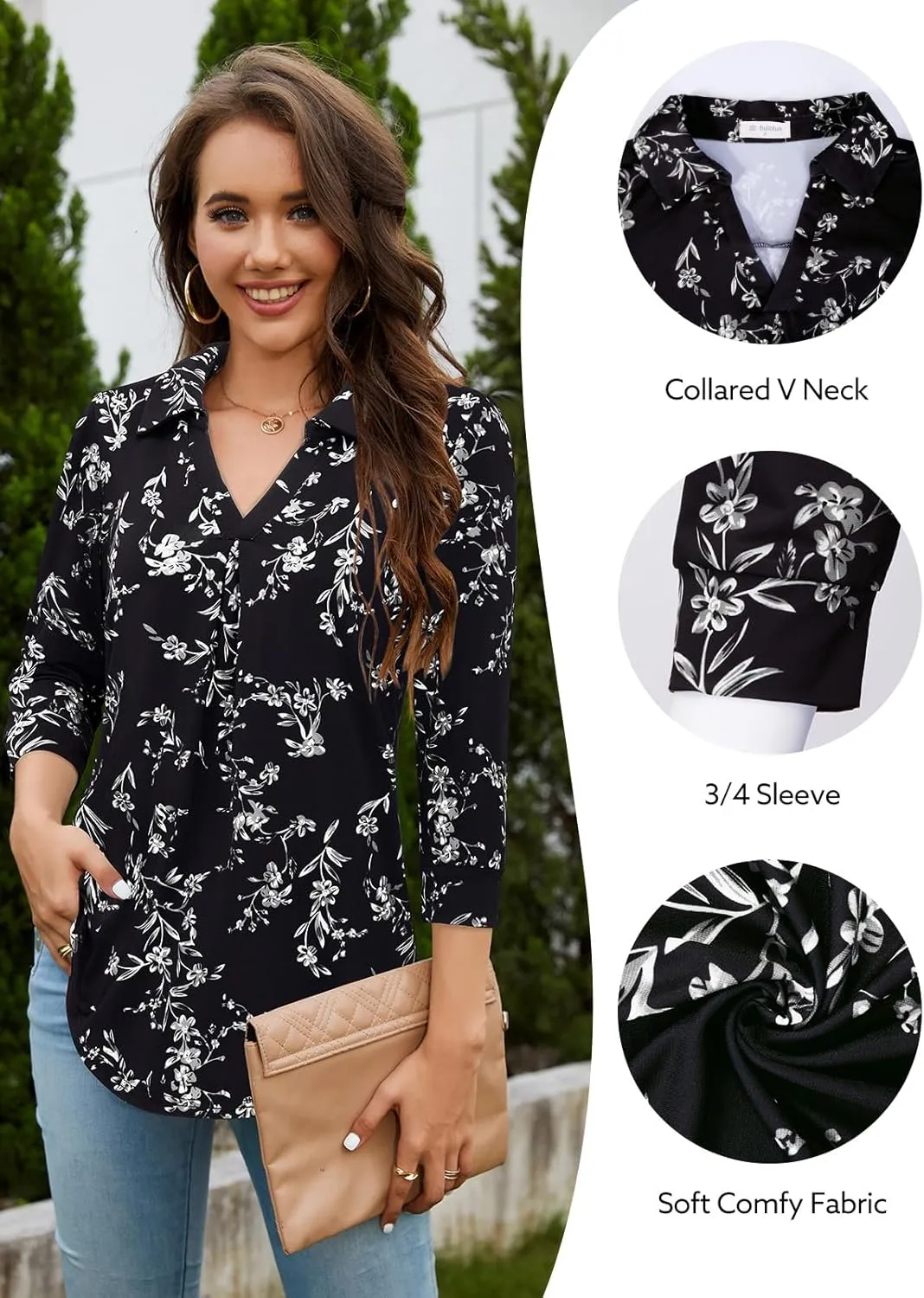 Bulotus Women's 3/4 Sleeve Tunic Shirts Business Casual Blouses V Neck Work Tops