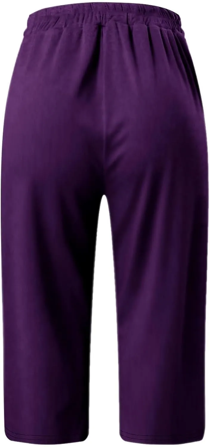 Capri Pants for Women Casual Summer Drawstring Shorts Elastic High Waist Casual Short Straight Leg Cropped Trouser