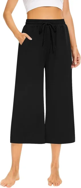 Capri Yoga Pants for Women Casual Loose Drawstring Wide Leg Sweatpants Comfy Cotton Lounge Pants with Pockets 2024