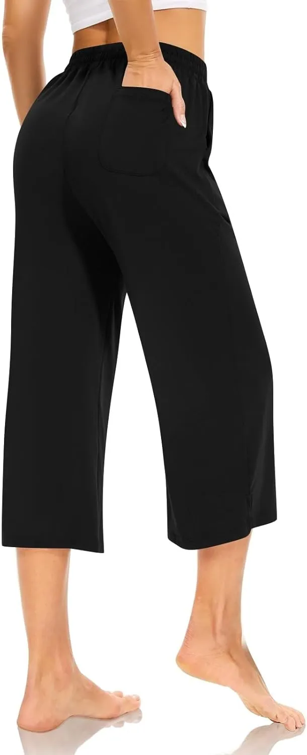 Capri Yoga Pants for Women Casual Loose Drawstring Wide Leg Sweatpants Comfy Cotton Lounge Pants with Pockets 2024