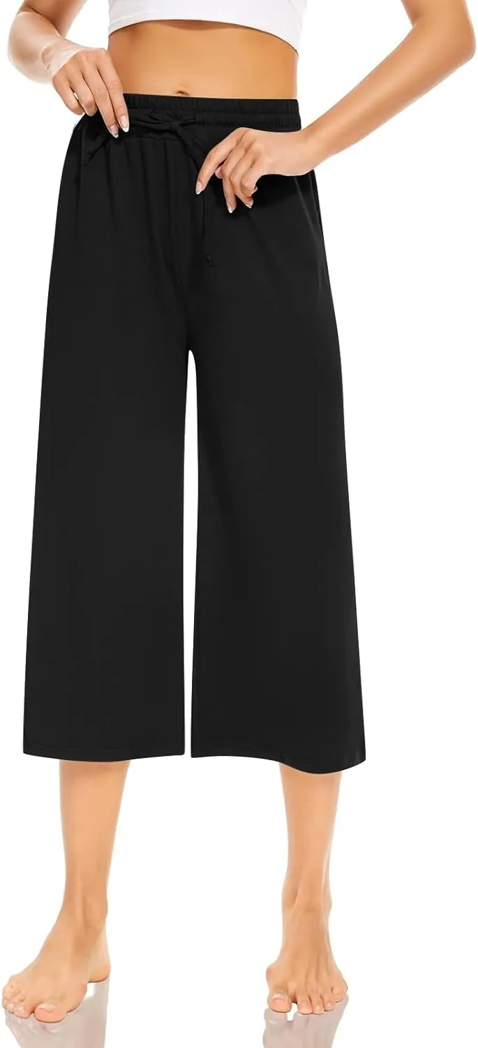 Capri Yoga Pants for Women Casual Loose Drawstring Wide Leg Sweatpants Comfy Cotton Lounge Pants with Pockets 2024