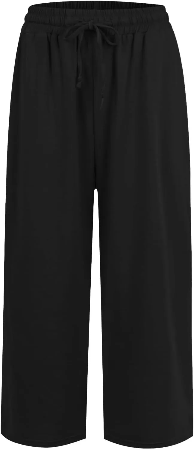 Capri Yoga Pants for Women Casual Loose Drawstring Wide Leg Sweatpants Comfy Cotton Lounge Pants with Pockets 2024