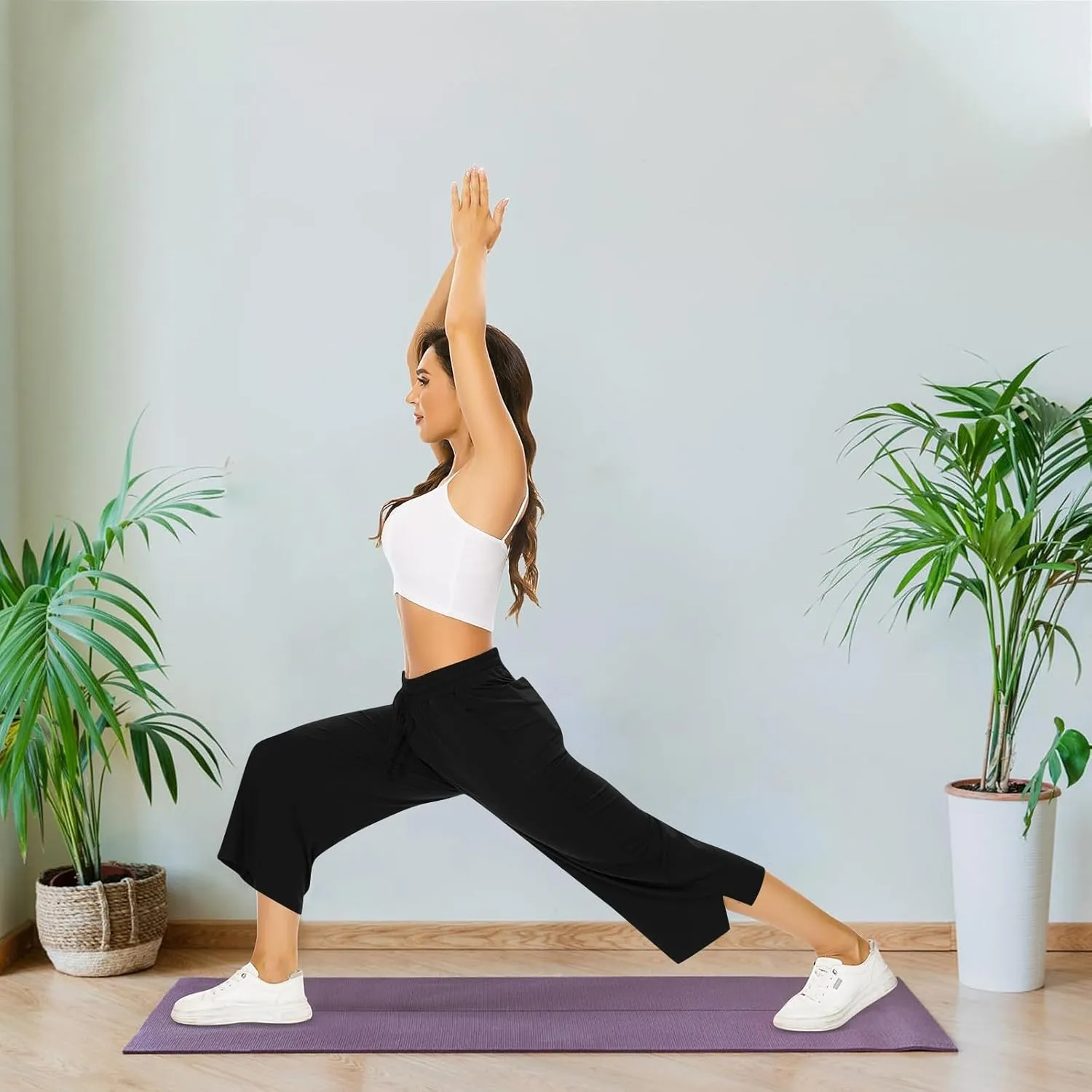 Capri Yoga Pants for Women Casual Loose Drawstring Wide Leg Sweatpants Comfy Cotton Lounge Pants with Pockets 2024