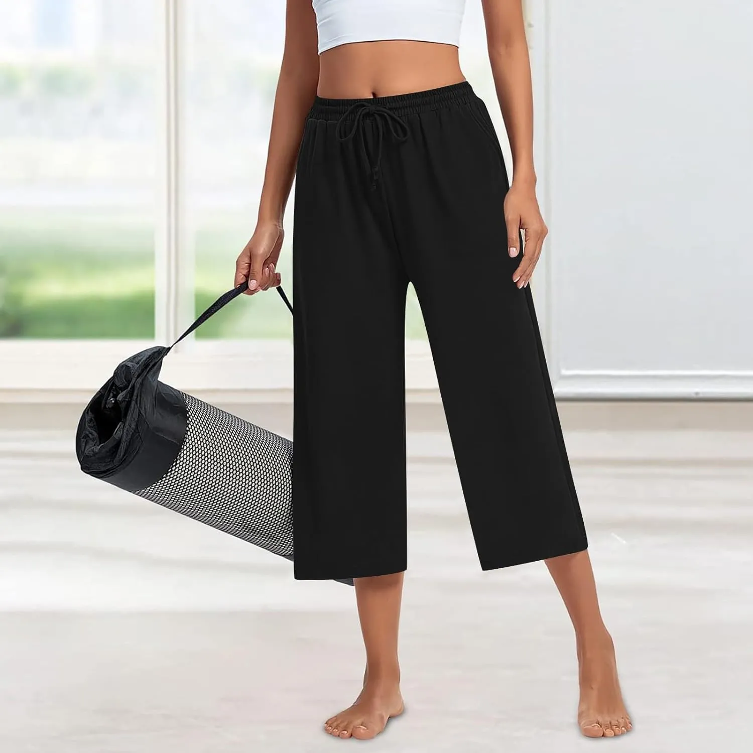 Capri Yoga Pants for Women Casual Loose Drawstring Wide Leg Sweatpants Comfy Cotton Lounge Pants with Pockets 2024