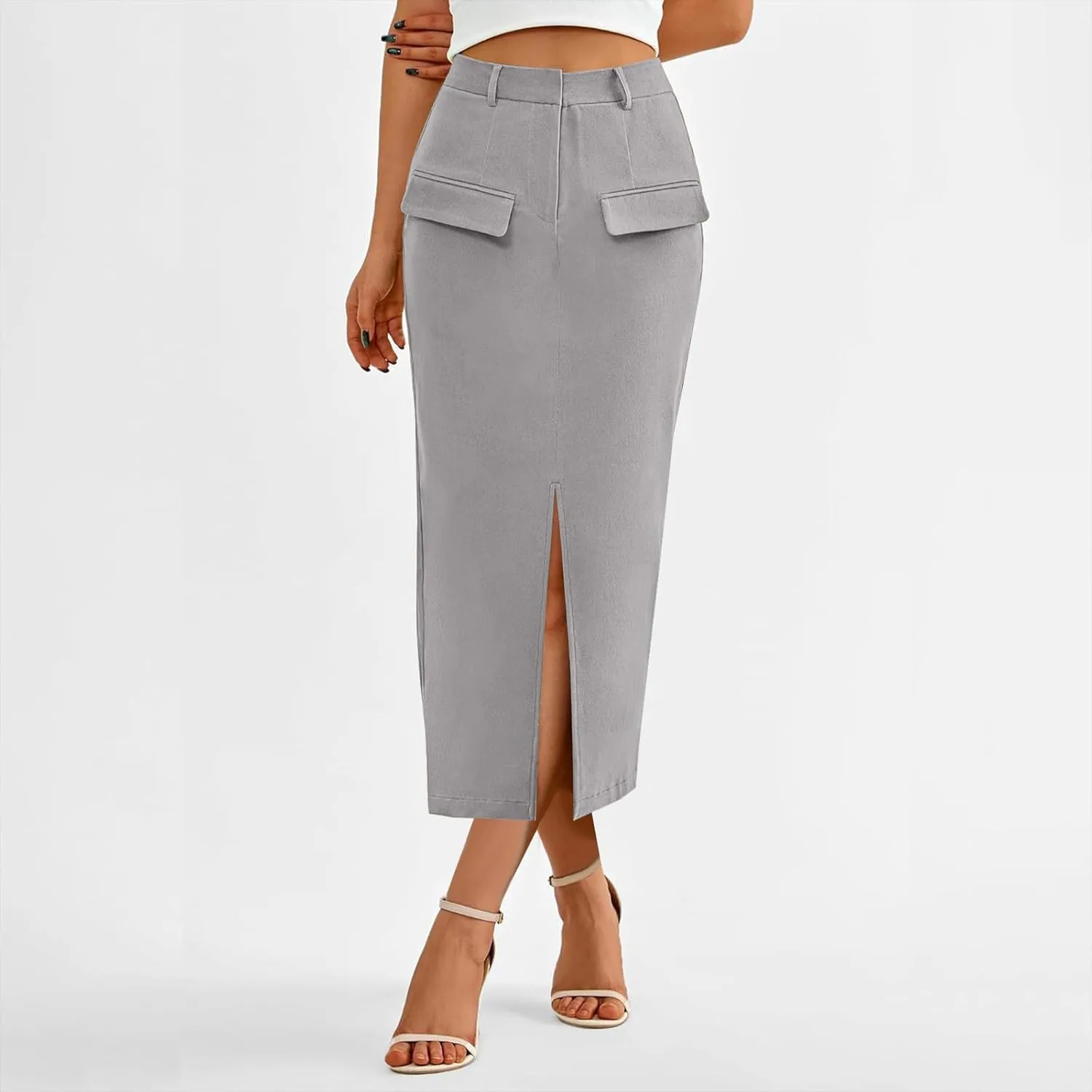 Cargo Skirts for Women High Waisted Midi Skirt Trendy Spring Summer Pencil Slit Dressy Casual Business Work Long Skirts