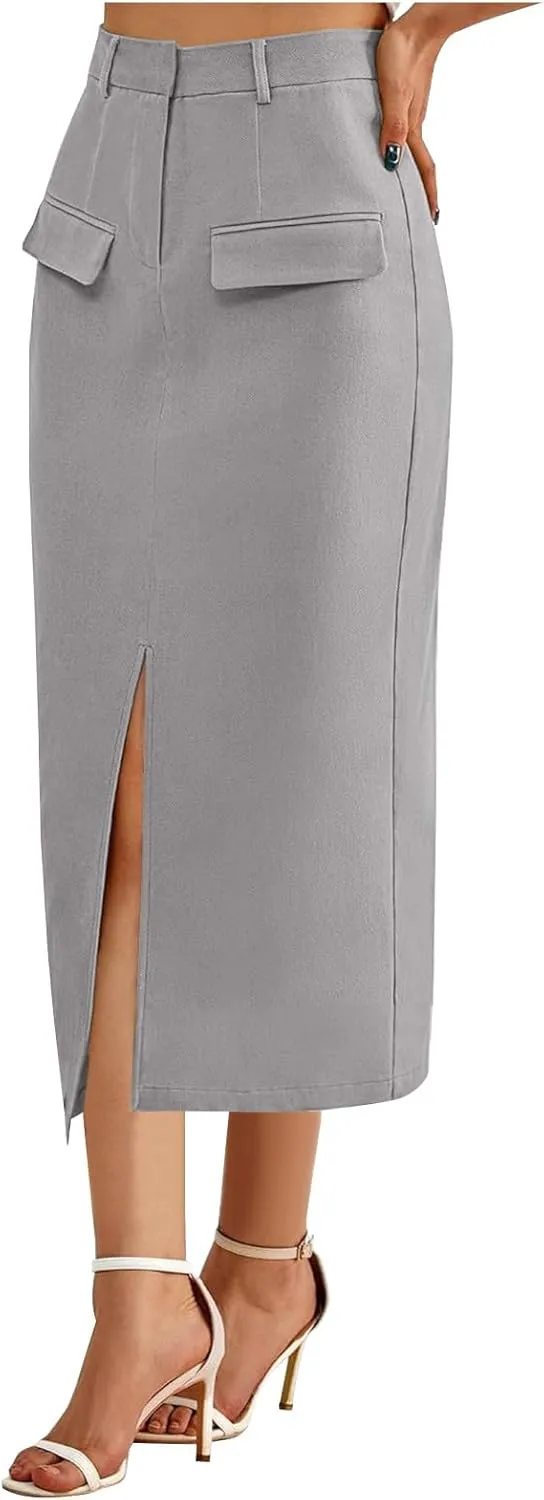 Cargo Skirts for Women High Waisted Midi Skirt Trendy Spring Summer Pencil Slit Dressy Casual Business Work Long Skirts