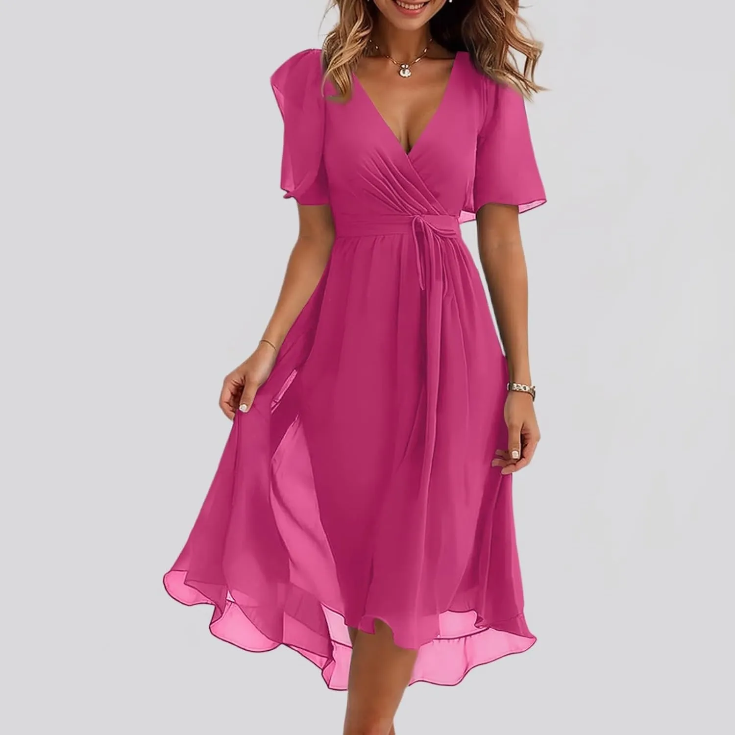 Chiffon Dresses for Women Summer Sexy Wrap V Neck Cocktail Party Dresses Floral Print Flowy Wedding Guest Midi Dress