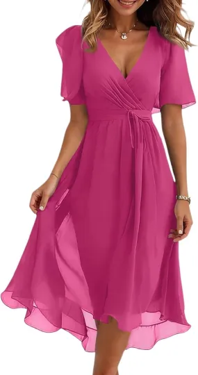 Chiffon Dresses for Women Summer Sexy Wrap V Neck Cocktail Party Dresses Floral Print Flowy Wedding Guest Midi Dress