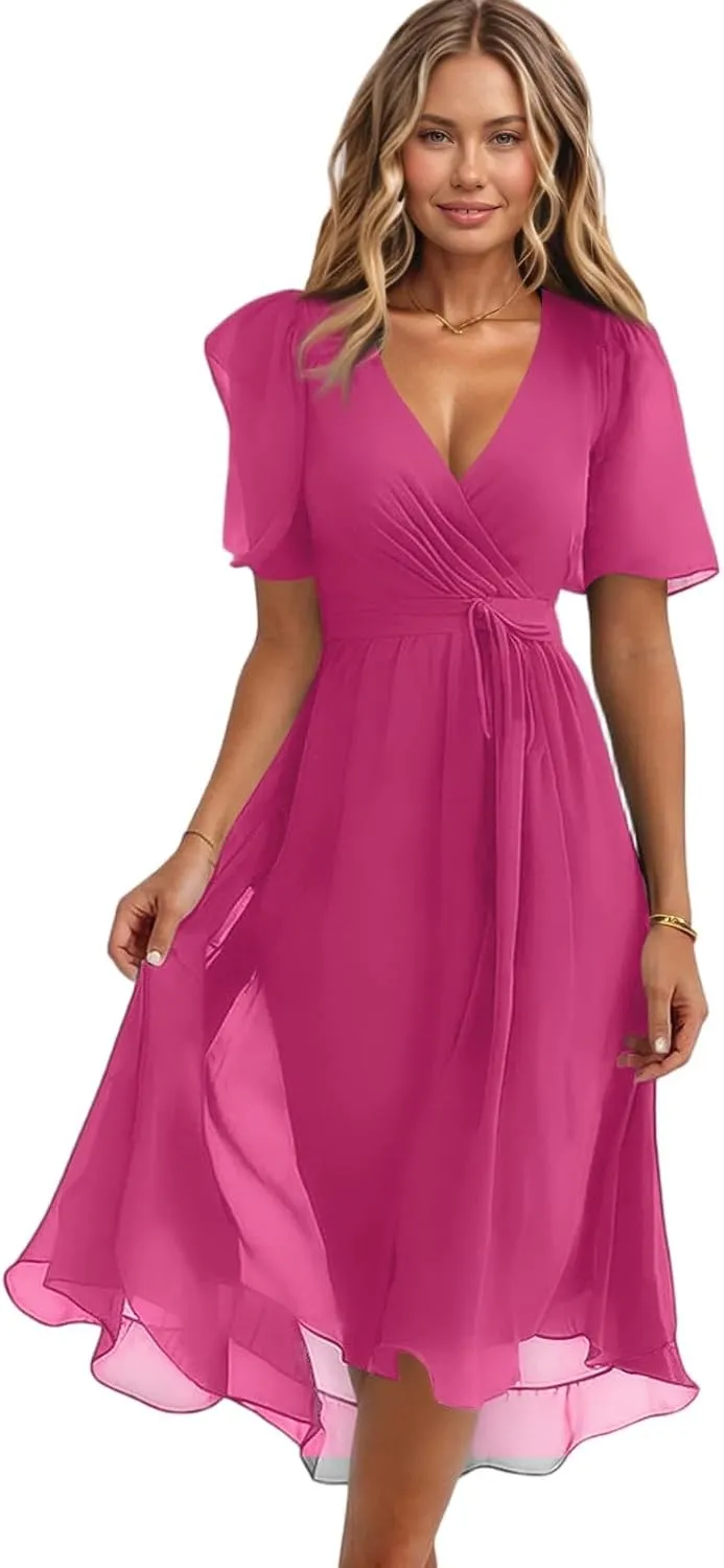 Chiffon Dresses for Women Summer Sexy Wrap V Neck Cocktail Party Dresses Floral Print Flowy Wedding Guest Midi Dress