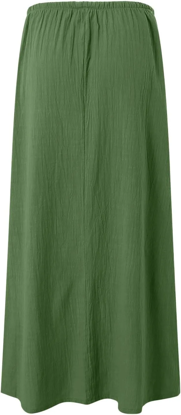 cooki Womens Linen Flared Maxi Skirts Summer Casual Vacation Low Waist Drawstring Long Flowy Ankle-Length Boho Skirt