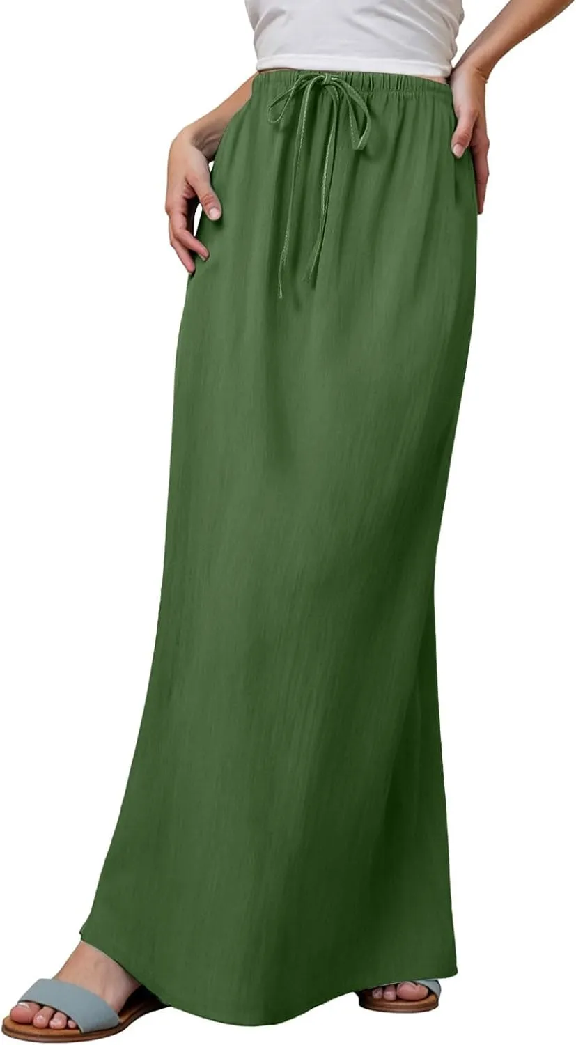 cooki Womens Linen Flared Maxi Skirts Summer Casual Vacation Low Waist Drawstring Long Flowy Ankle-Length Boho Skirt