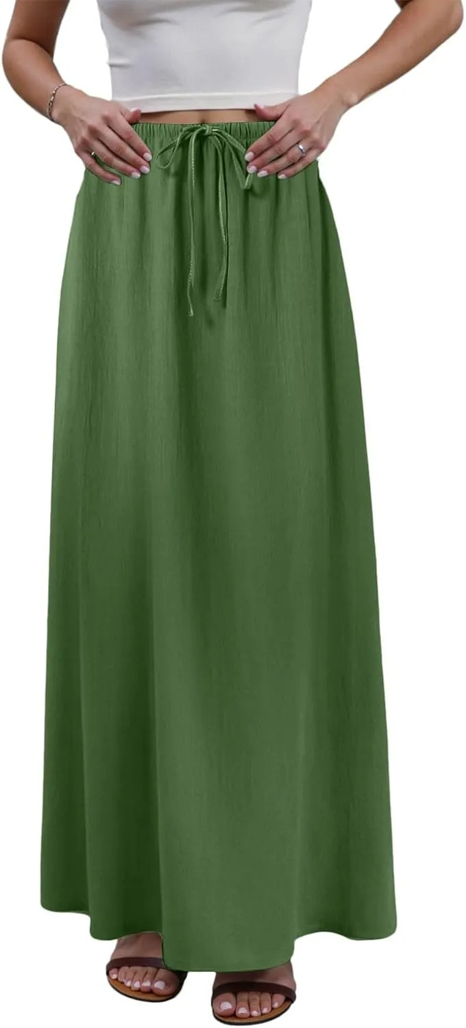 cooki Womens Linen Flared Maxi Skirts Summer Casual Vacation Low Waist Drawstring Long Flowy Ankle-Length Boho Skirt