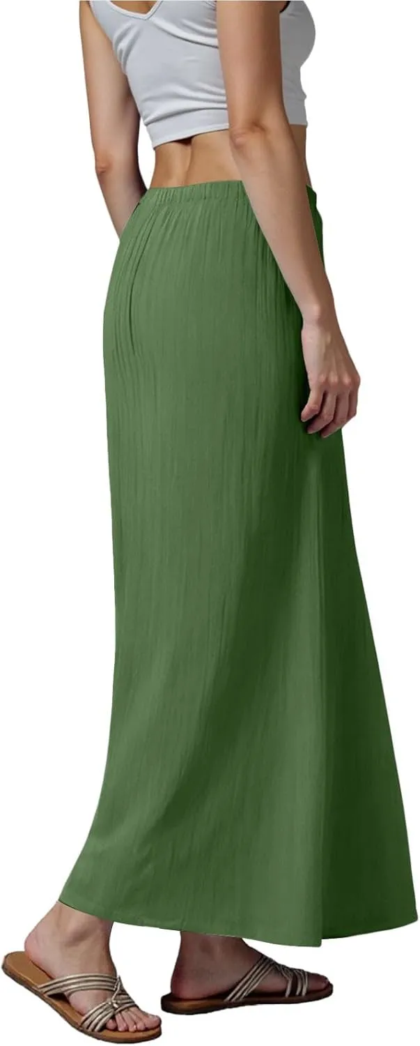 cooki Womens Linen Flared Maxi Skirts Summer Casual Vacation Low Waist Drawstring Long Flowy Ankle-Length Boho Skirt