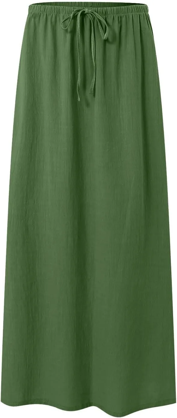 cooki Womens Linen Flared Maxi Skirts Summer Casual Vacation Low Waist Drawstring Long Flowy Ankle-Length Boho Skirt