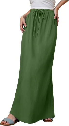 cooki Womens Linen Flared Maxi Skirts Summer Casual Vacation Low Waist Drawstring Long Flowy Ankle-Length Boho Skirt