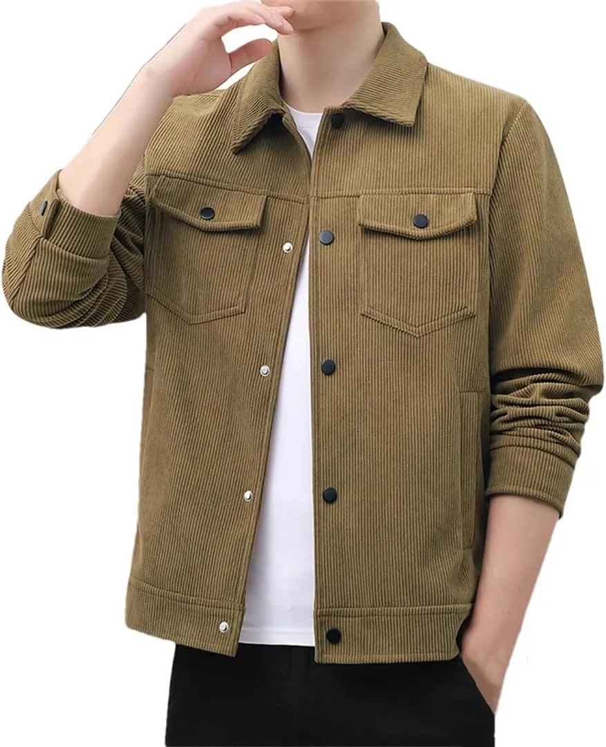 Disimlarl Men Outdoor Casual Youth Windbreaker Jackets Business Corduroy Pocket Jackets Lapel Solid Slim Outwear