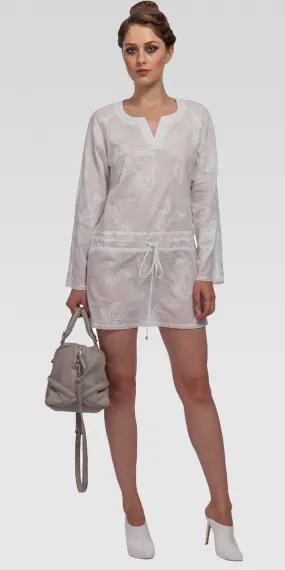 Floral Embroidered Cotton Shirting Drawstring Shirt - White
