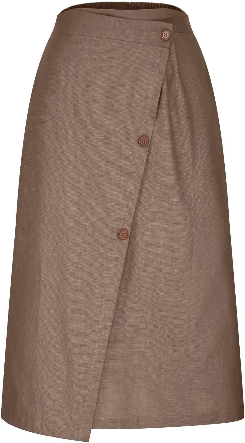 Flowy Skirts for Women Knee Length Summer Casual Cotton Linen Midi A-Line Skirt Comfy Boho Vacation Clothes