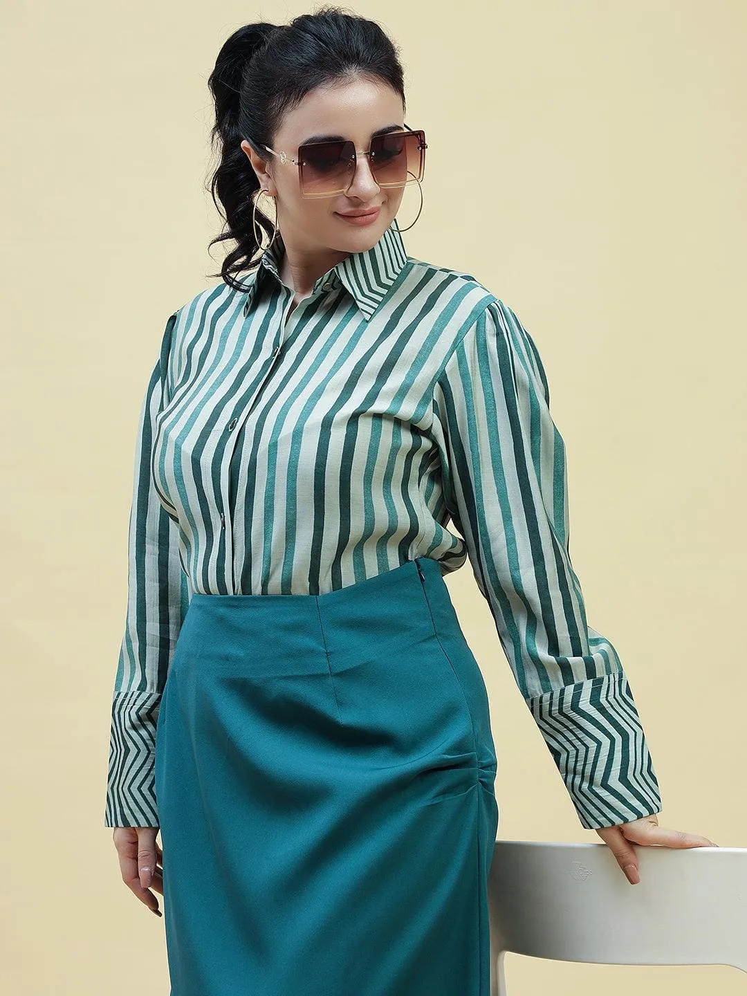 Green Striped Formal Shirt