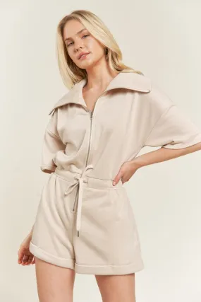 High Neck French Terry Zip Romper with Side Pockets