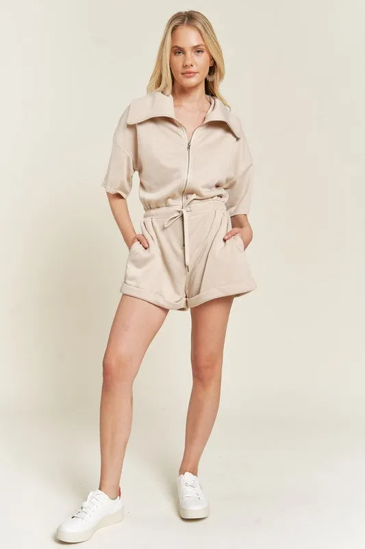 High Neck French Terry Zip Romper with Side Pockets