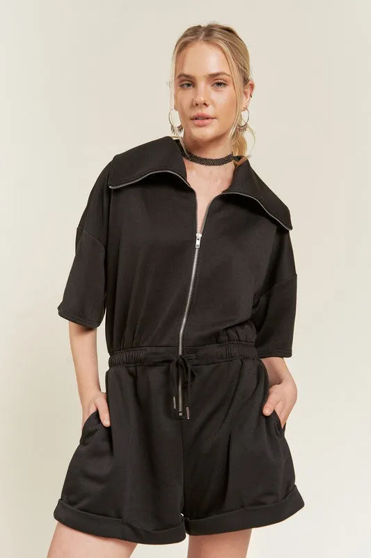 High Neck French Terry Zip Romper with Side Pockets