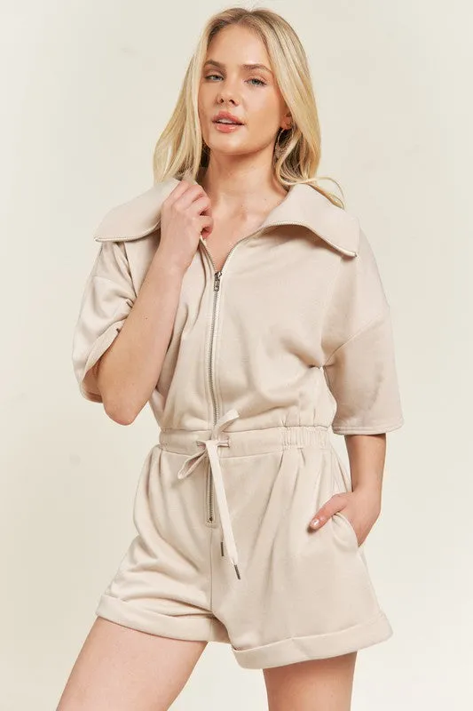 High Neck French Terry Zip Romper with Side Pockets