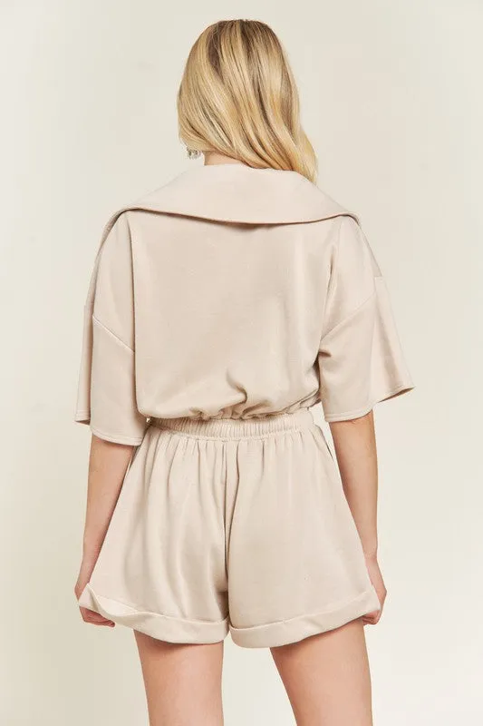 High Neck French Terry Zip Romper with Side Pockets