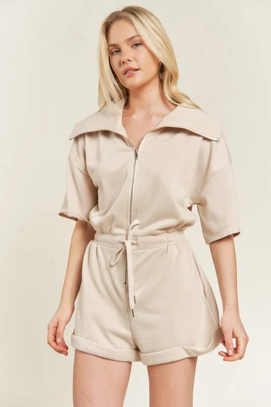High Neck French Terry Zip Romper with Side Pockets
