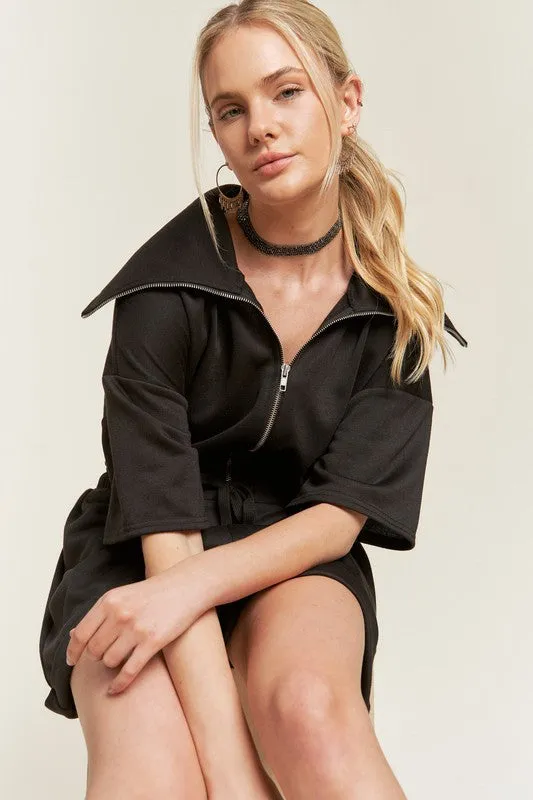 High Neck French Terry Zip Romper with Side Pockets