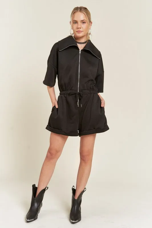 High Neck French Terry Zip Romper with Side Pockets