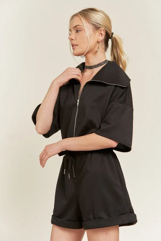 High Neck French Terry Zip Romper with Side Pockets