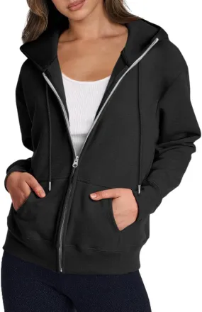 Hoodies for Women Casual Fashion Solid Full Zip Up Jacket Long Sleeved Zippered Hooded Sweatshirt Coats