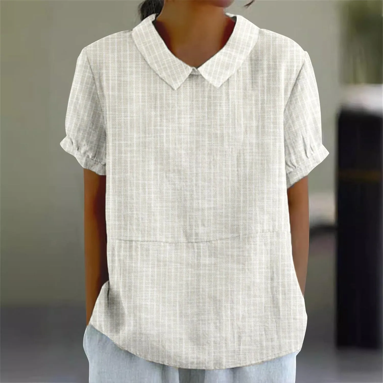Linen Button Down Shirt Women Shirts Summer Loose Crew Neck Casual Boho Top Vintage Embroidered Blouse Tops Casual