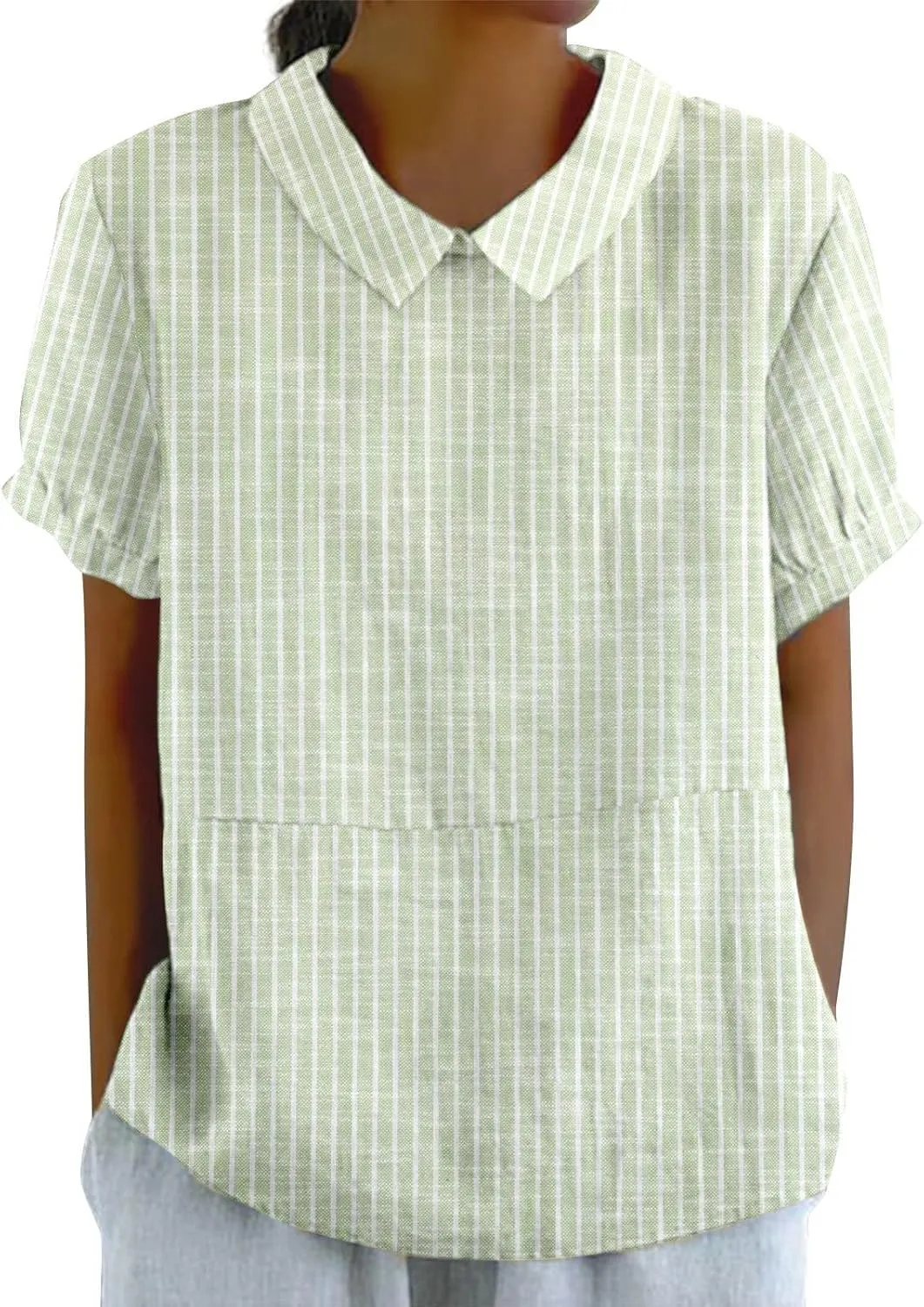 Linen Button Down Shirt Women Shirts Summer Loose Crew Neck Casual Boho Top Vintage Embroidered Blouse Tops Casual