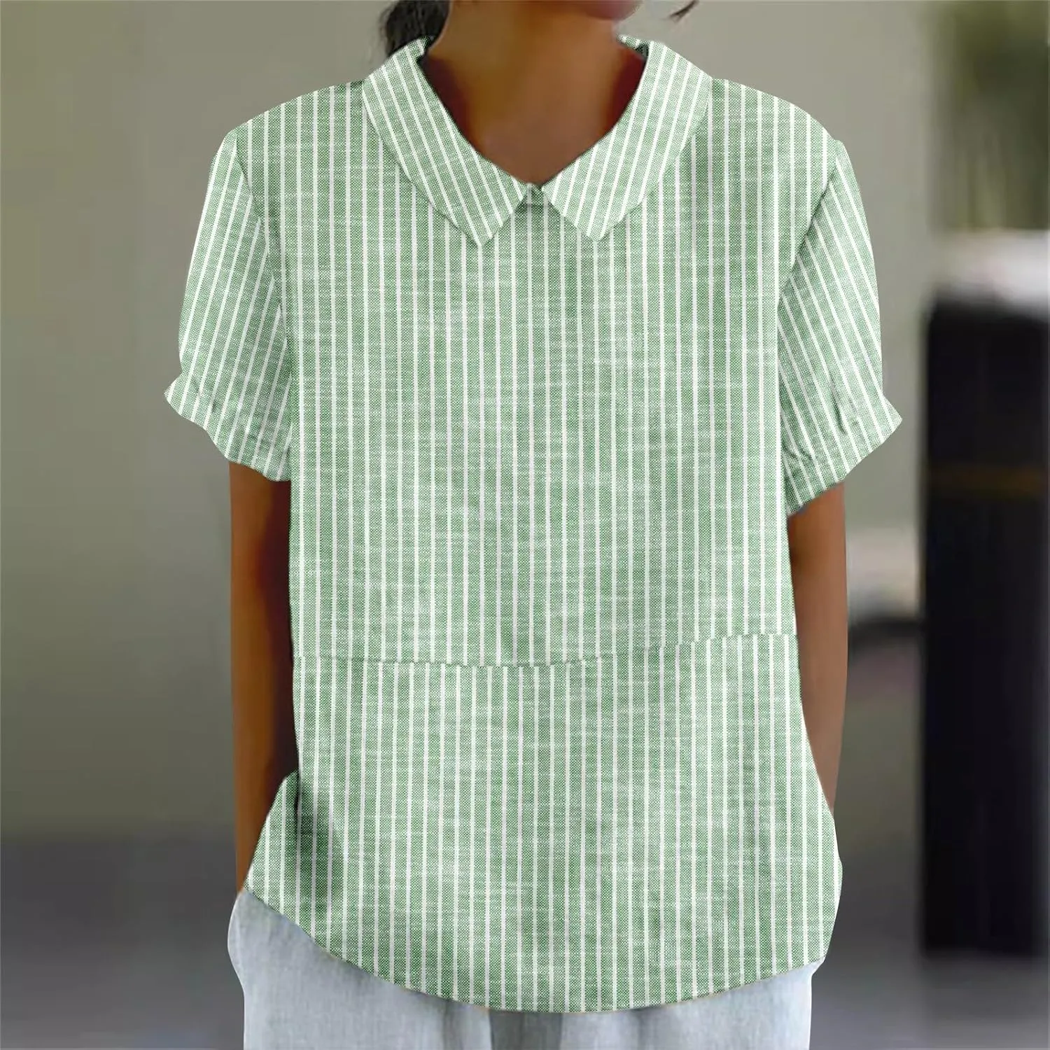 Linen Button Down Shirt Women Shirts Summer Loose Crew Neck Casual Boho Top Vintage Embroidered Blouse Tops Casual