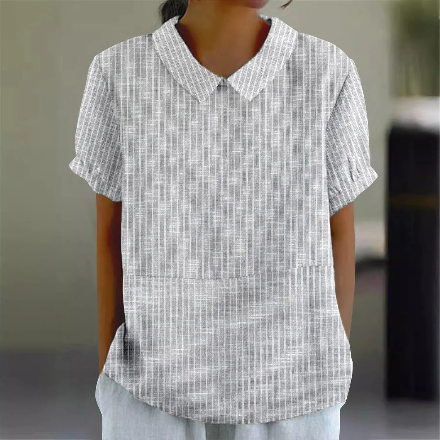 Linen Button Down Shirt Women Shirts Summer Loose Crew Neck Casual Boho Top Vintage Embroidered Blouse Tops Casual