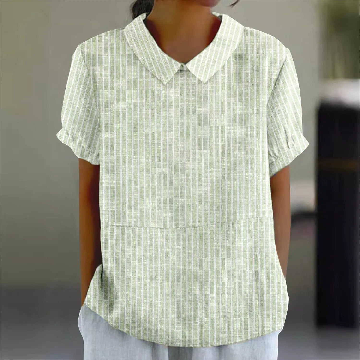 Linen Button Down Shirt Women Shirts Summer Loose Crew Neck Casual Boho Top Vintage Embroidered Blouse Tops Casual