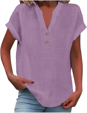 Linen Shirts for Women 2025 Summer Casual Button Down V Neck Short Sleeve Tops Comfy Trendy Business Casual Blouses