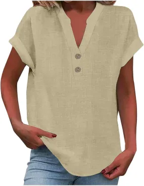 Linen Shirts for Women 2025 Summer Casual Button Down V Neck Short Sleeve Tops Comfy Trendy Business Casual Blouses