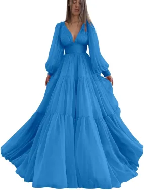 Long Puffy Sleeve Prom Dress V Neck Empire Waist Ball Gown Tulle Formal Evening Gowns for Women Formal