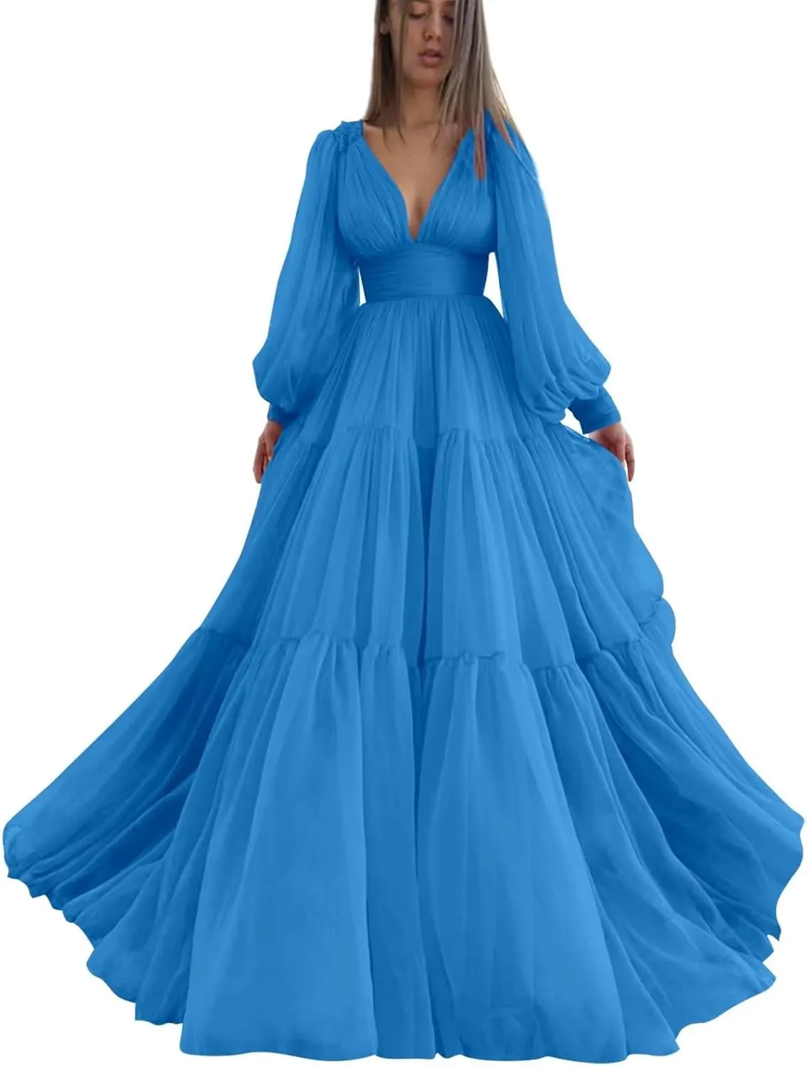 Long Puffy Sleeve Prom Dress V Neck Empire Waist Ball Gown Tulle Formal Evening Gowns for Women Formal