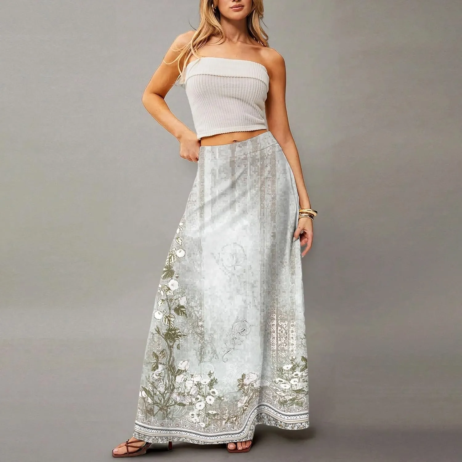 Long Skirts for Women Ankle Length Skirt High Waisted Casual Summer Floral Printed Boho Maxi Skirts with Pockets