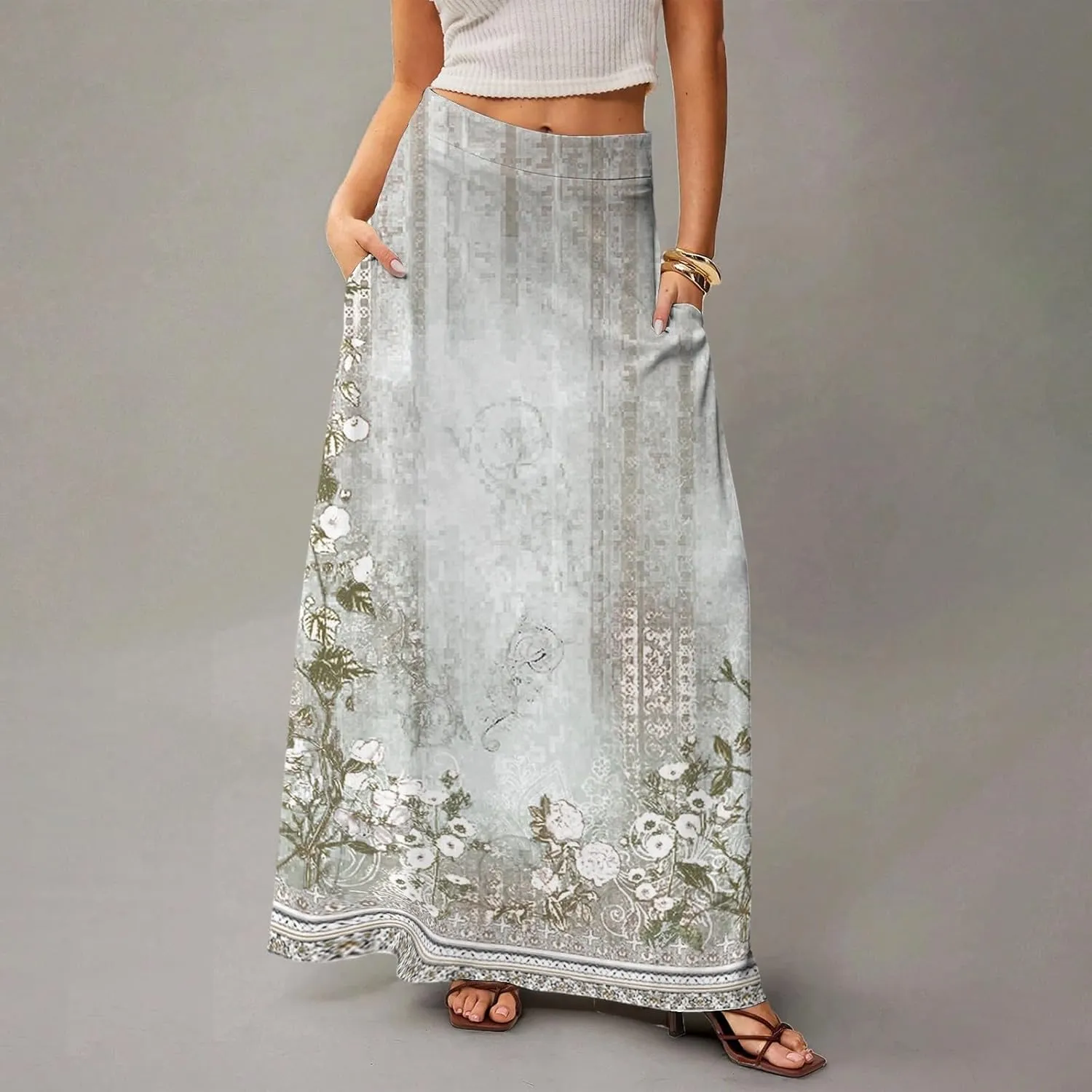 Long Skirts for Women Ankle Length Skirt High Waisted Casual Summer Floral Printed Boho Maxi Skirts with Pockets