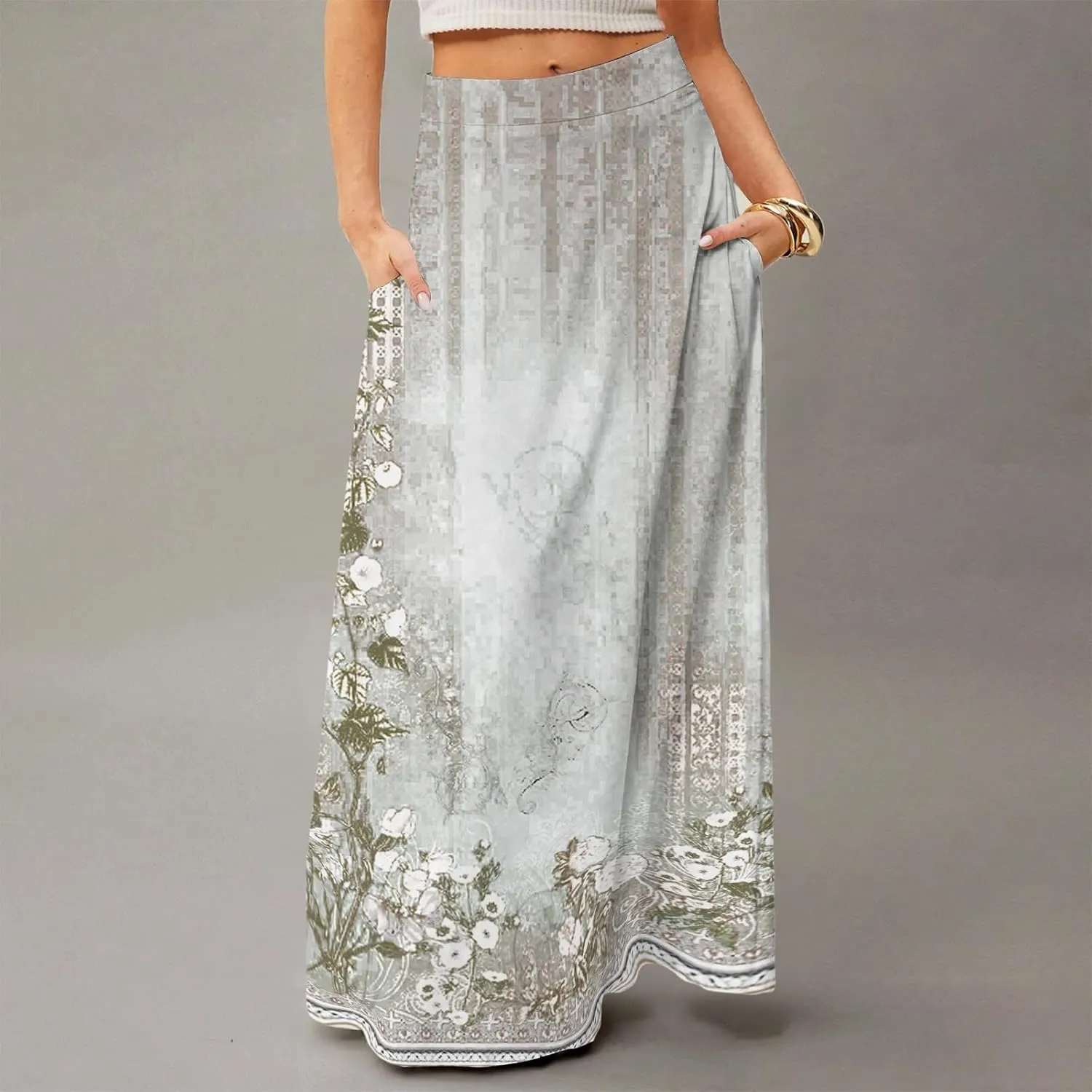 Long Skirts for Women Ankle Length Skirt High Waisted Casual Summer Floral Printed Boho Maxi Skirts with Pockets