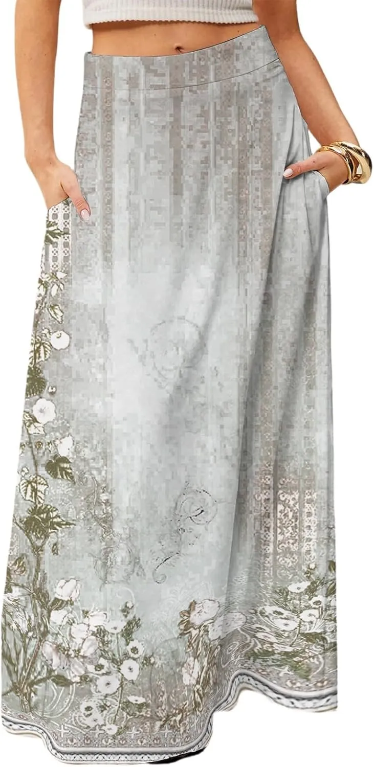 Long Skirts for Women Ankle Length Skirt High Waisted Casual Summer Floral Printed Boho Maxi Skirts with Pockets